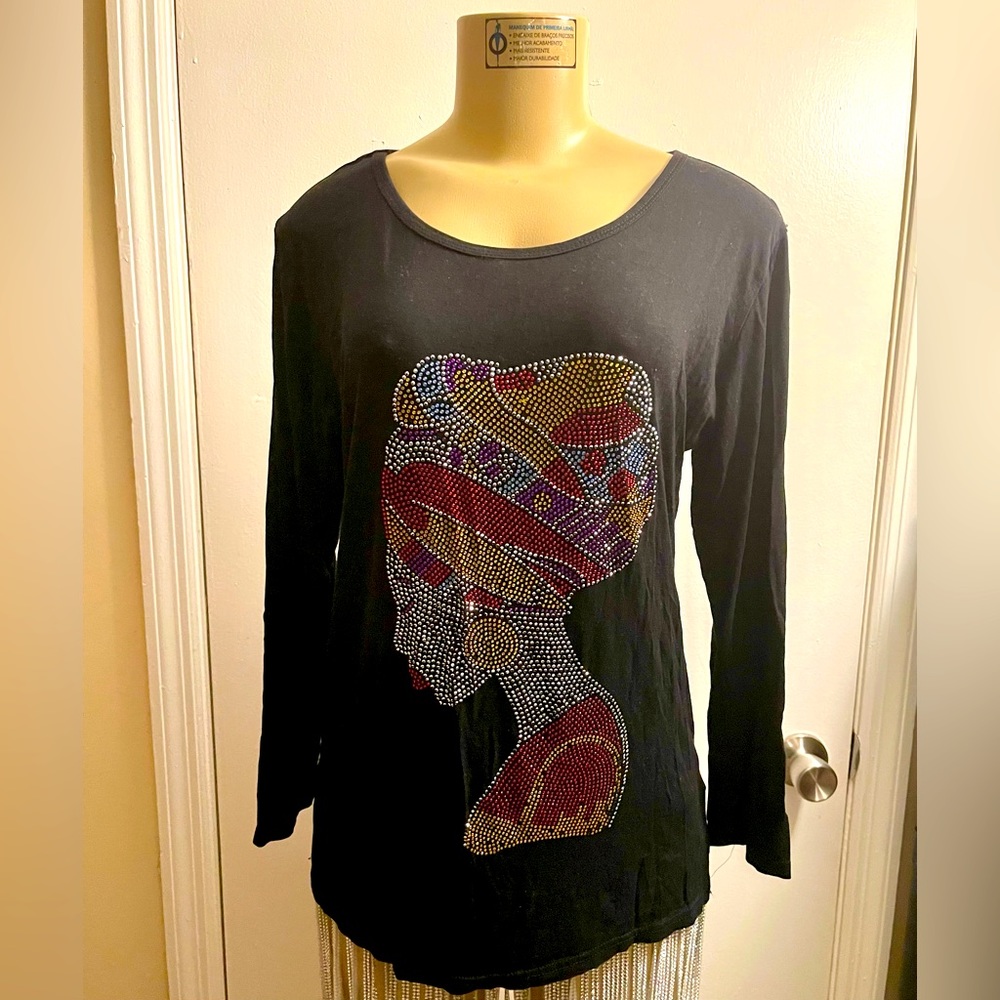 Rhinestone Face design Women Black Long Sleeve Top